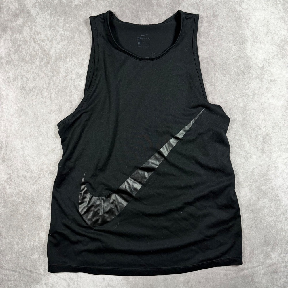Nike Womens M Dri-FIT Tank Top Black Oversized Swoosh Activewear Running Top Gym